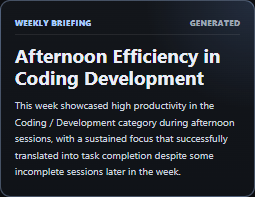 Genuine FlowQuota weekly AI Briefing excerpt, Afternoon Efficiency in Coding Development: AI interpretation of recorded focus, completion and incomplete sessions.