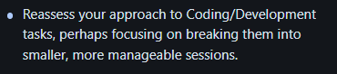 Selected AI recommendation suggesting breaking Coding/Development work into smaller, more manageable sessions.