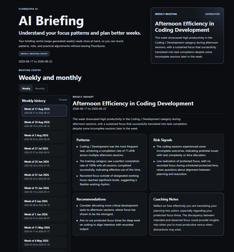FlowQuota AI Briefing showing evidence-grounded patterns, risk signals, recommendations and coaching notes.