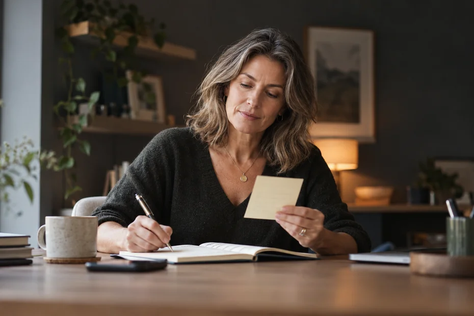 A midlife professional writes a resumption note while working at her desk