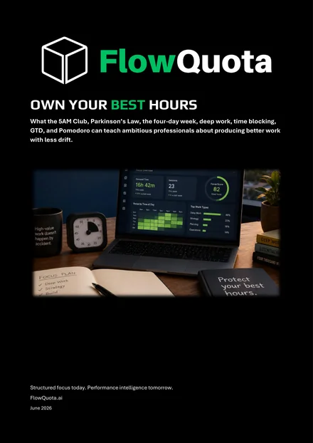 Own Your Best Hours whitepaper cover: FlowQuota logo, green BEST title and workspace photograph, published June 2026.